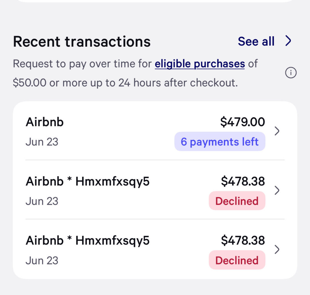 Affirm Airbnb re-adjust loan
