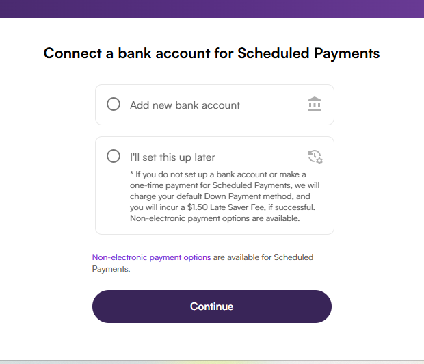 connect bank account for scheduled payments to Sezzle