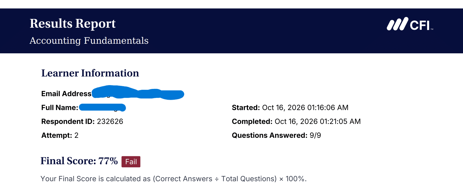 CFI Accounting Fundamentals exam results report showing a 77 percent score