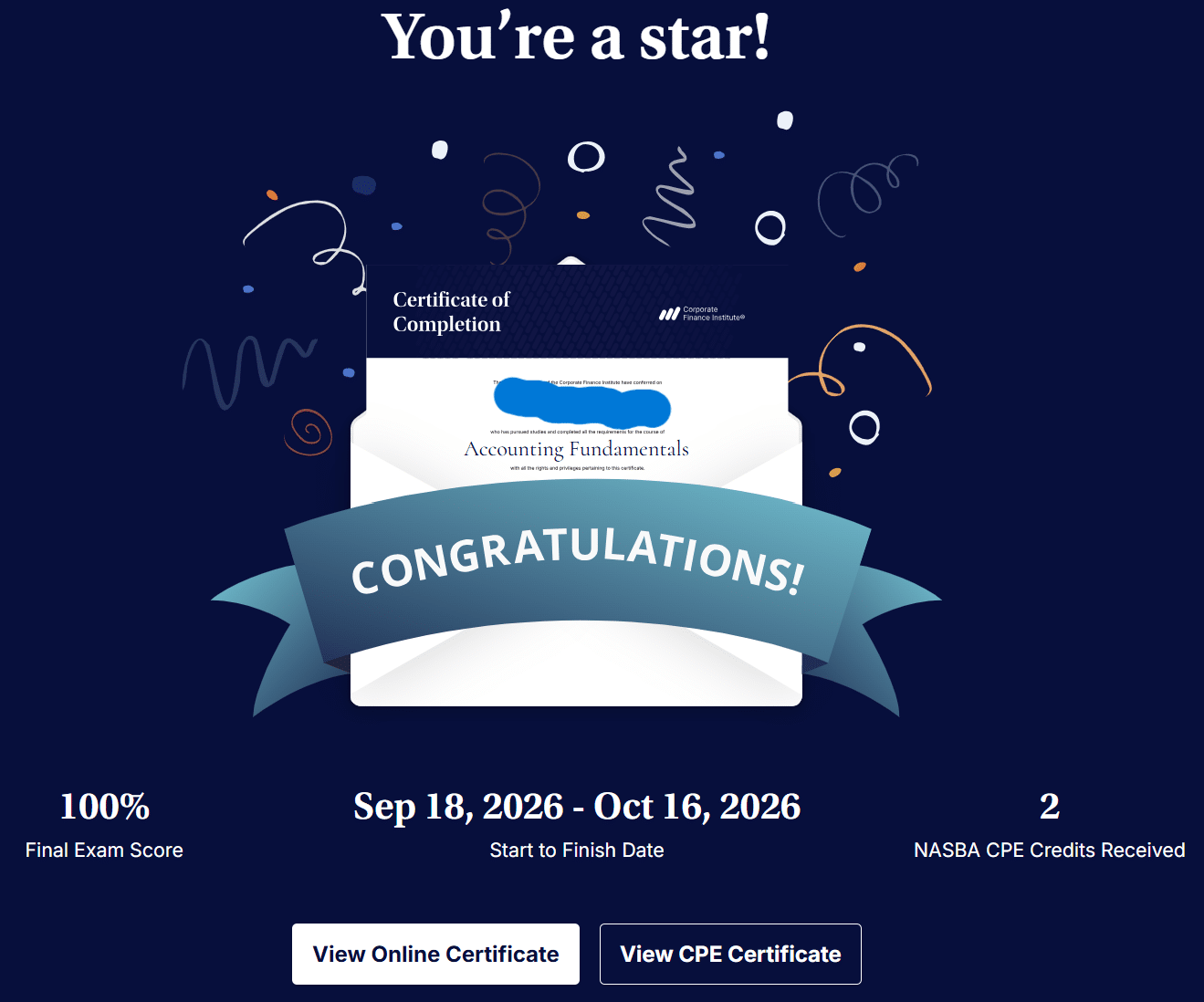 CFI Accounting Fundamentals completion screen with certificate and 2 NASBA CPE credits