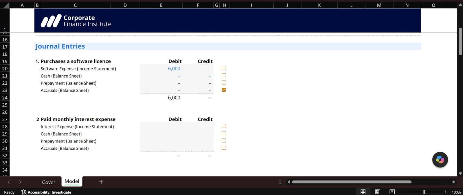 CFI automated Excel practice exercise for journal entries with answer check boxes