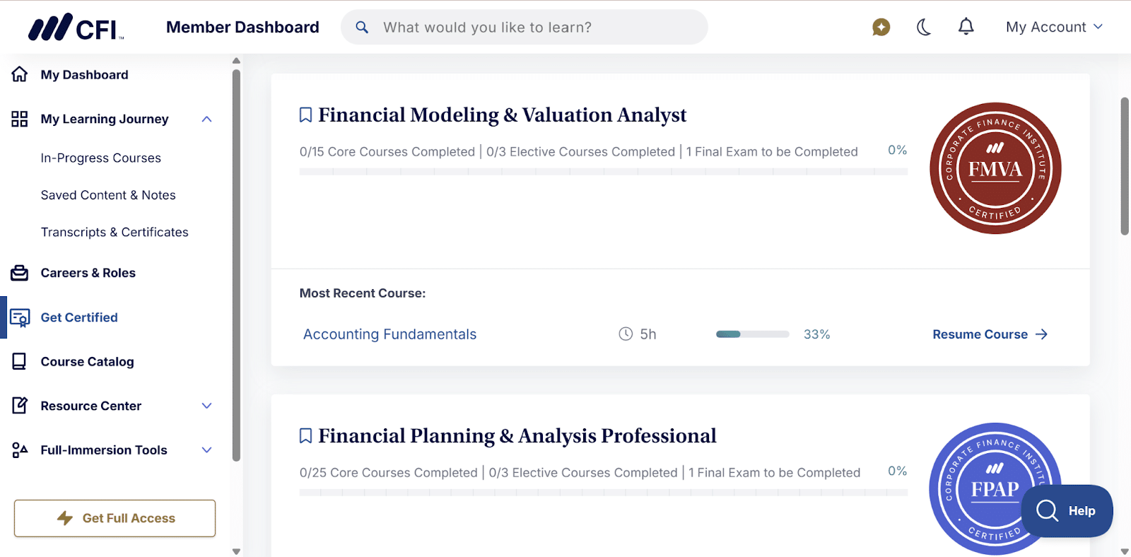 CFI Get Certified tab tracking FMVA and FPAP certification progress