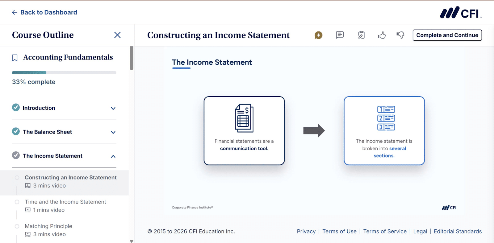 CFI Constructing an Income Statement video lesson with the course outline sidebar