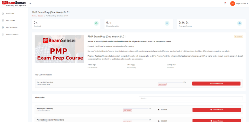 BrainSensei PMP dashboard