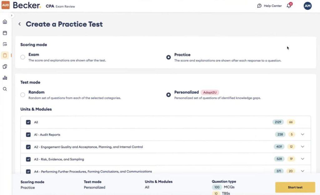 Becker CPA practice test
