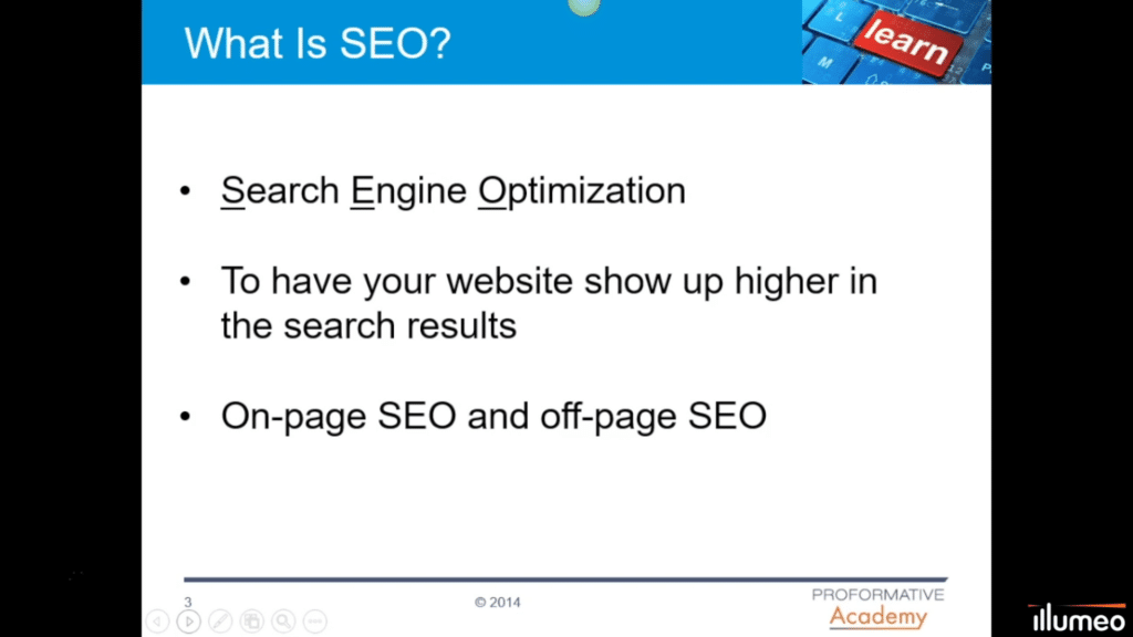 An Illumeo course webinar slide, with easy-to-read text and succinct points.