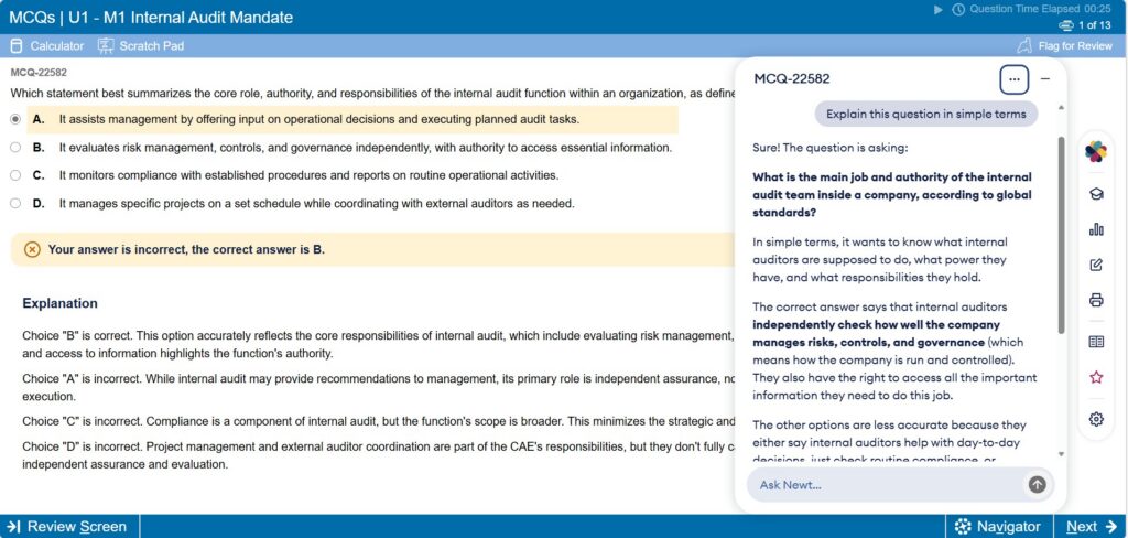 Becker's CIA challenge exam prep course has a clean, polished interface, with detailed answer explanations and the Newt AI chatbot.