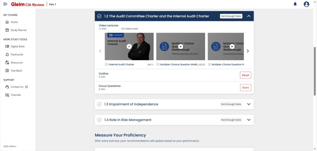 Gleim CIA study units are divided into sublessons with a video, two multiple-choice question walkthrough videos, an outline, and focus questions.