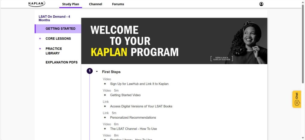 The Kaplan LSAT dashboard consists of the study plan, channel, and forums, plus core lessons, the practice question library, explanation PDFs, and a Getting Started module.