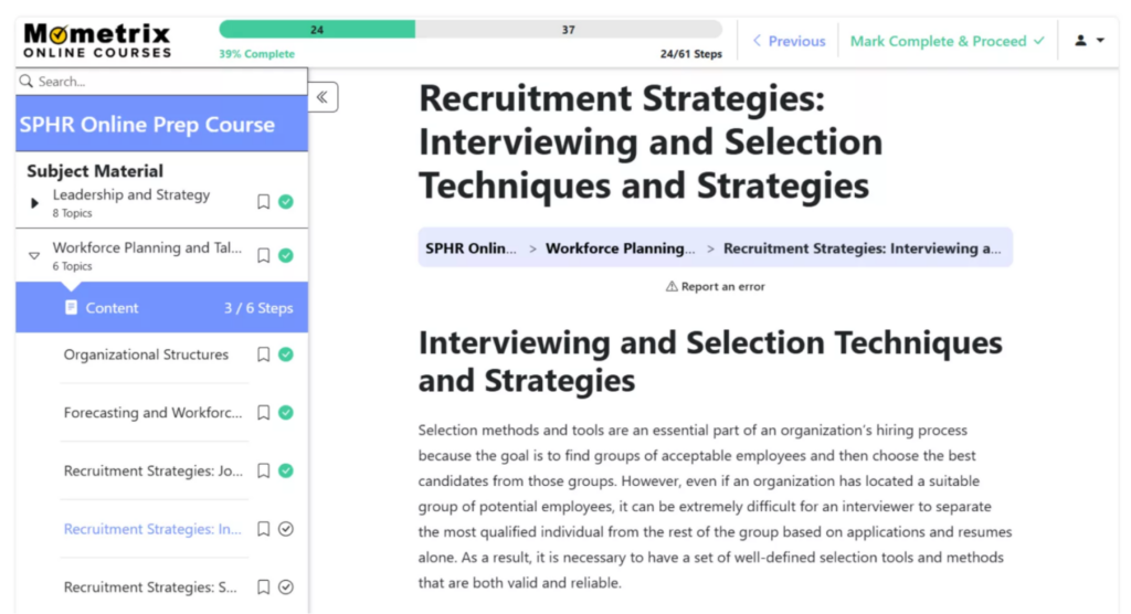 Mometrix SPRHR online course study materials