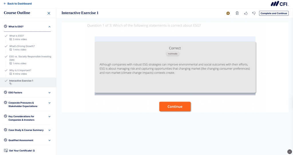 CFI ESG course lesson and practice question screen