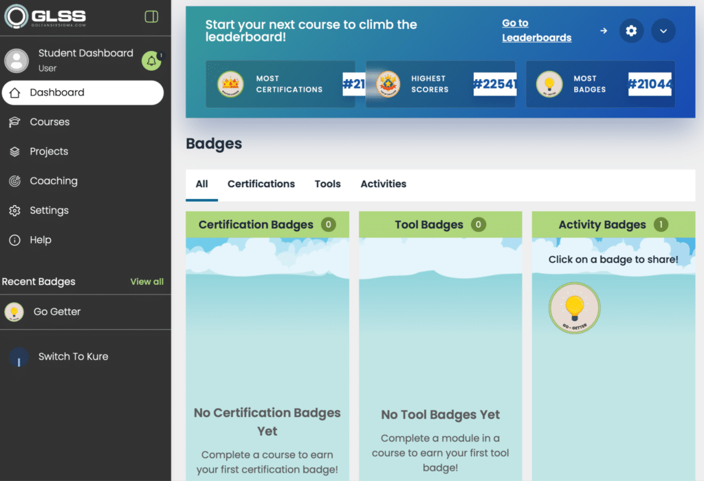 GoLeanSixSigma Lean Six Sigma course dashboard