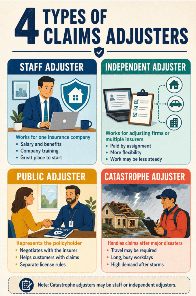 Four types of claims adjusters: staff, independent, public, and catastrophe
