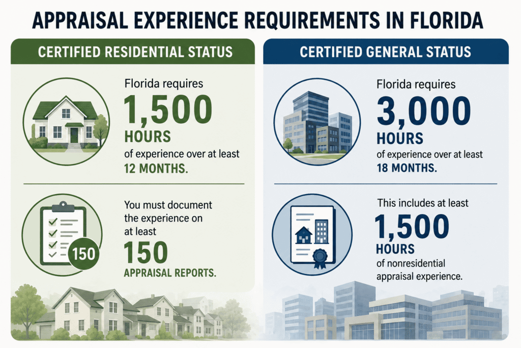 Appraisal experience requirements in Florida for residential and general certification