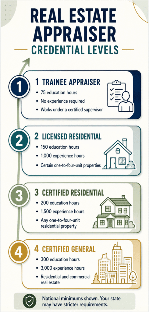 Real estate appraiser credential levels from trainee to certified general