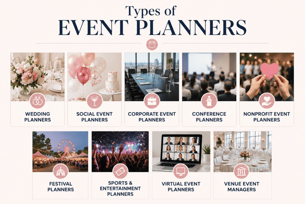 Types of event planners including wedding, corporate, and conference roles