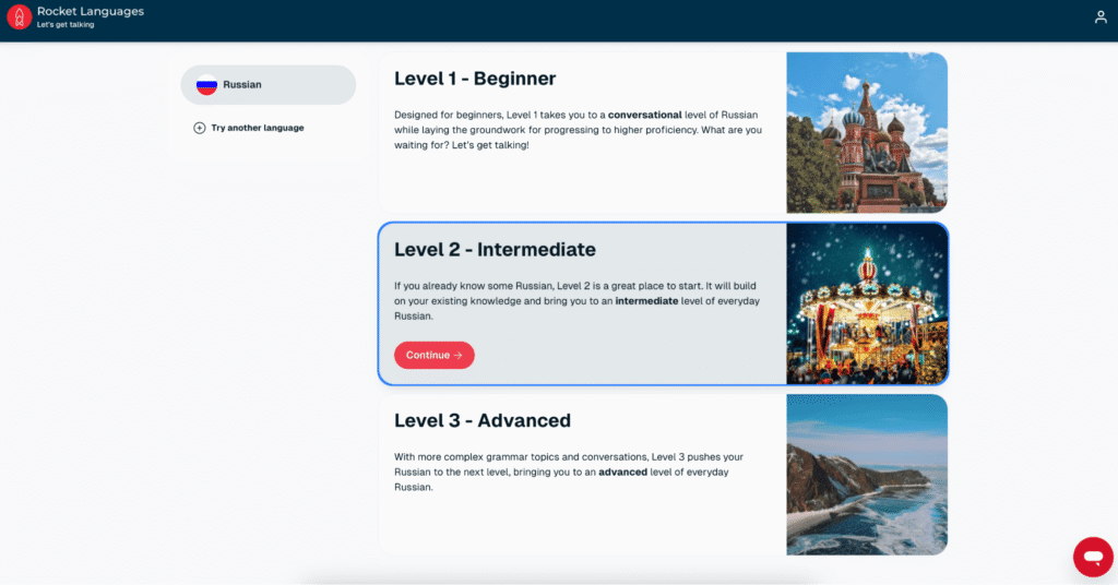 Rocket Languages course level options