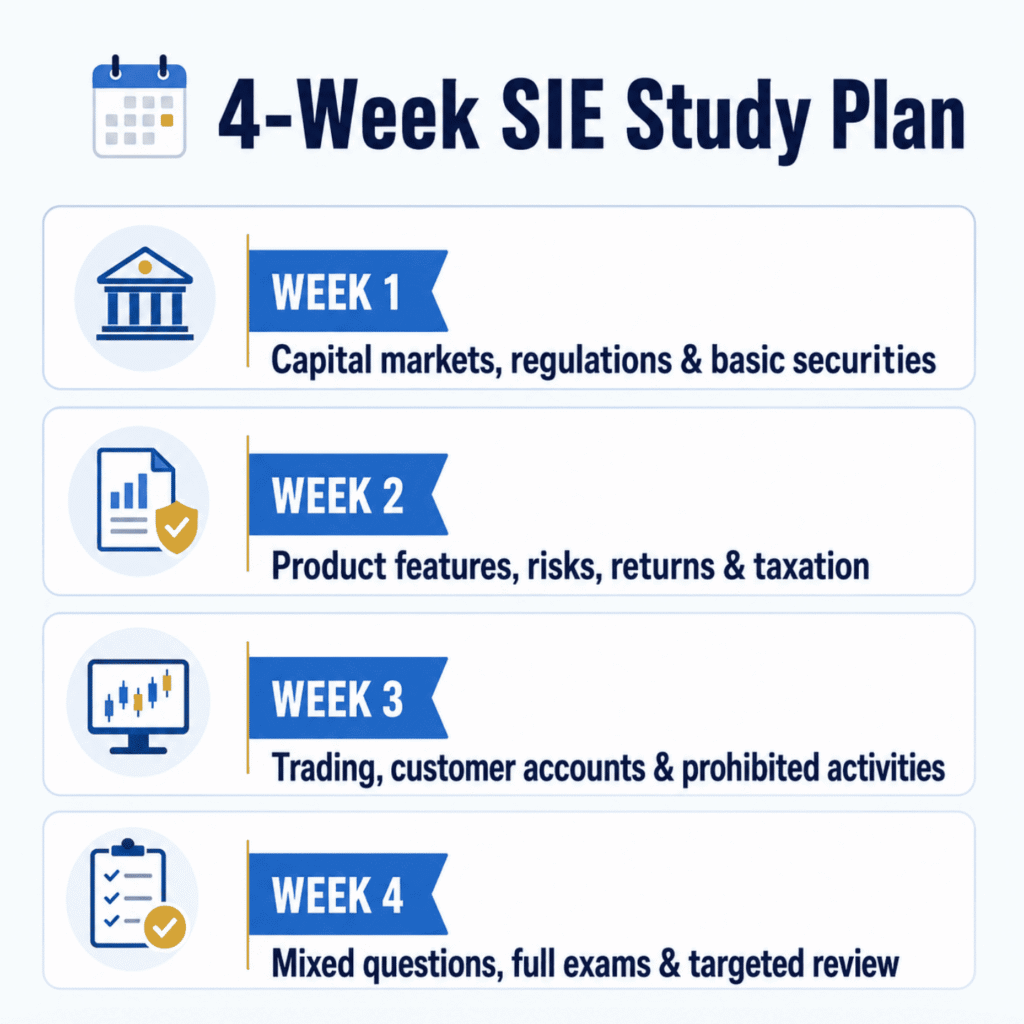 4-week SIE study plan covering markets, products, trading, and review