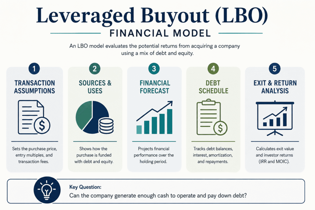 Leveraged buyout (LBO) financial model from transaction assumptions to exit returns