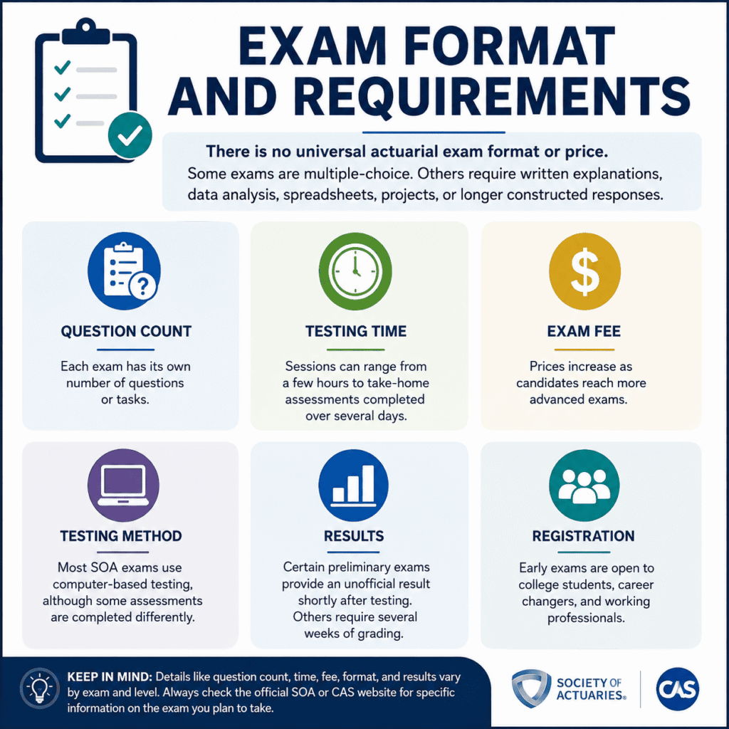 Actuarial exam format and requirements for SOA and CAS tests