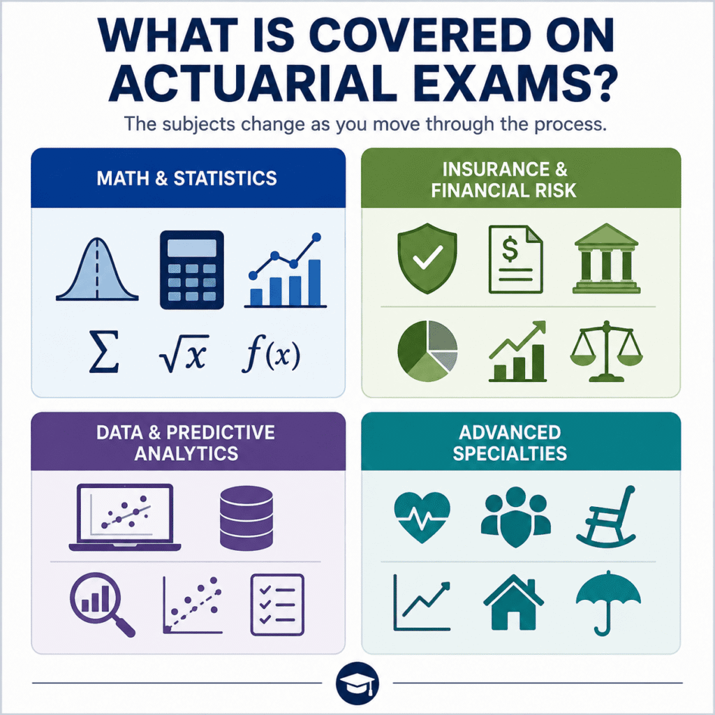 What is covered on actuarial exams: math, insurance, analytics, and specialties