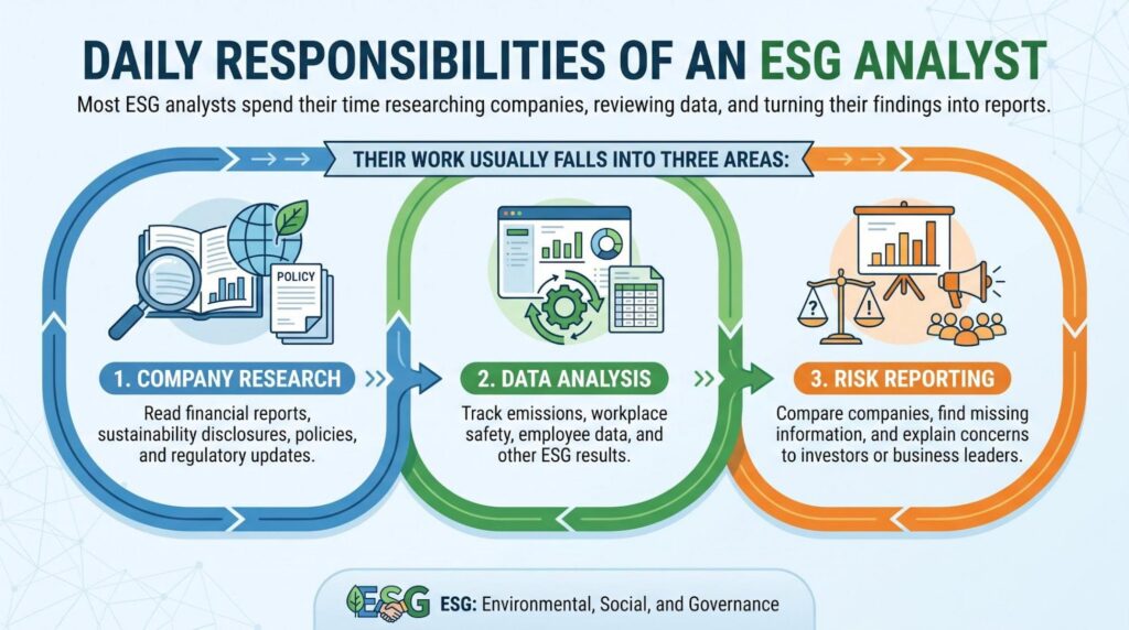 Daily responsibilities of an ESG analyst: research, data analysis, and reporting