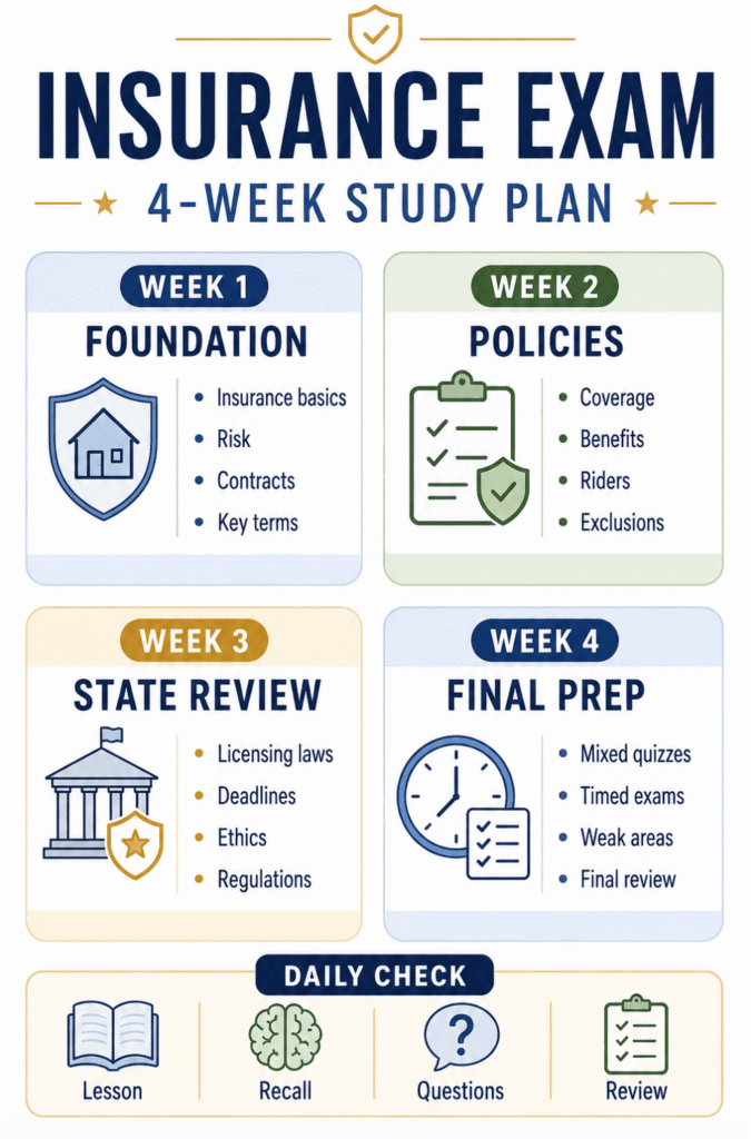 Insurance exam 4-week study plan