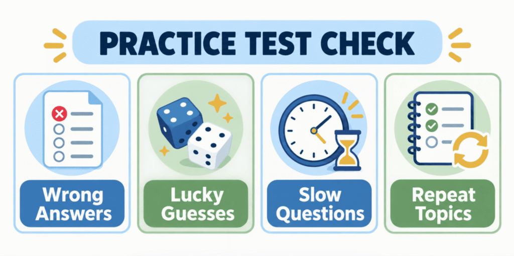 Practice test check: wrong answers, guesses, slow questions, repeat topics