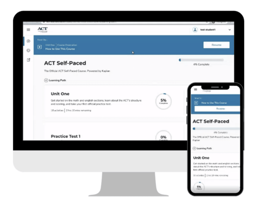 Kaplan ACT self-paced course dashboard