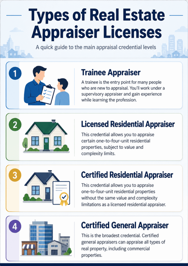 Types of real estate appraiser licenses from trainee to certified general