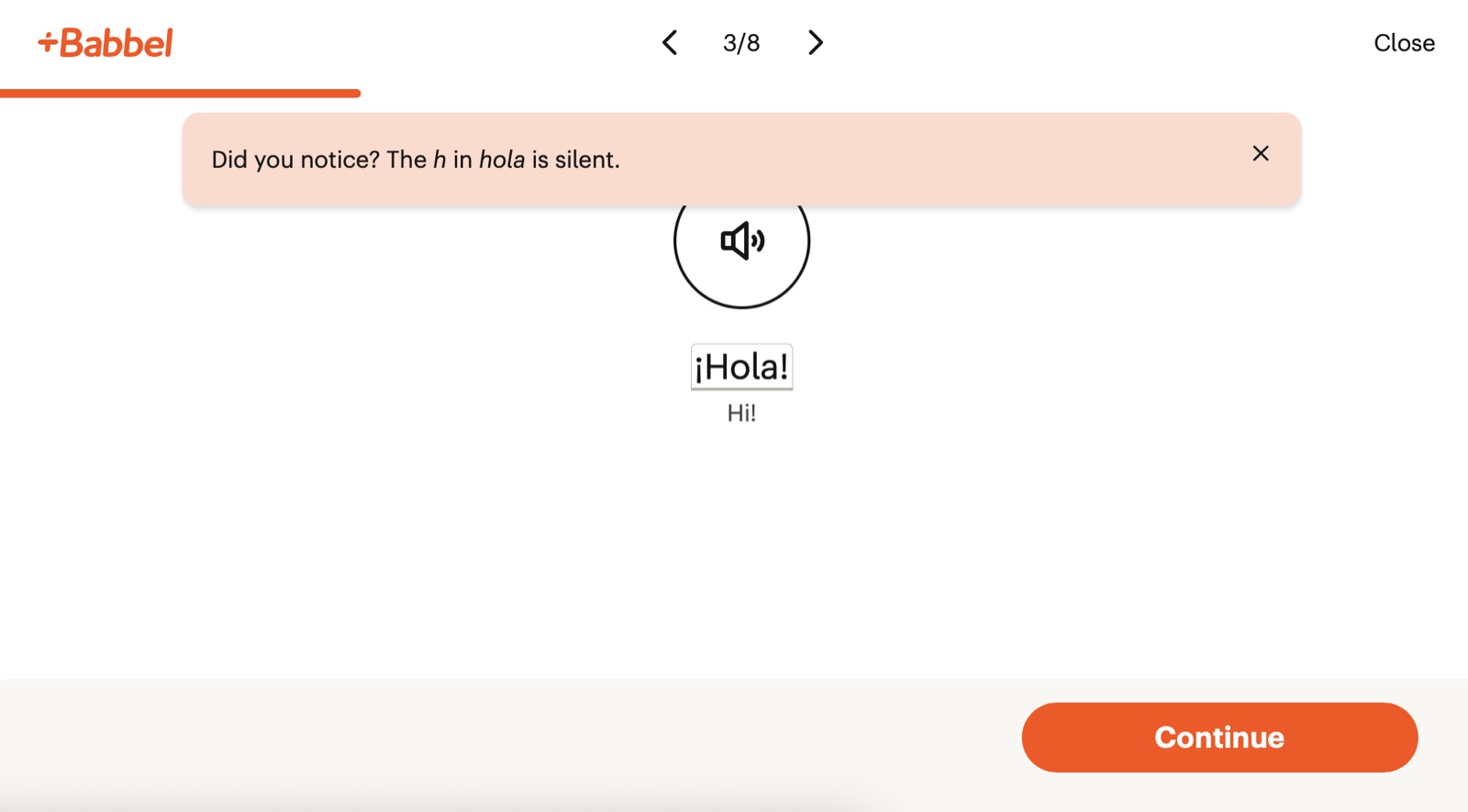 Babbel pronunciation tip that the h in hola is silent