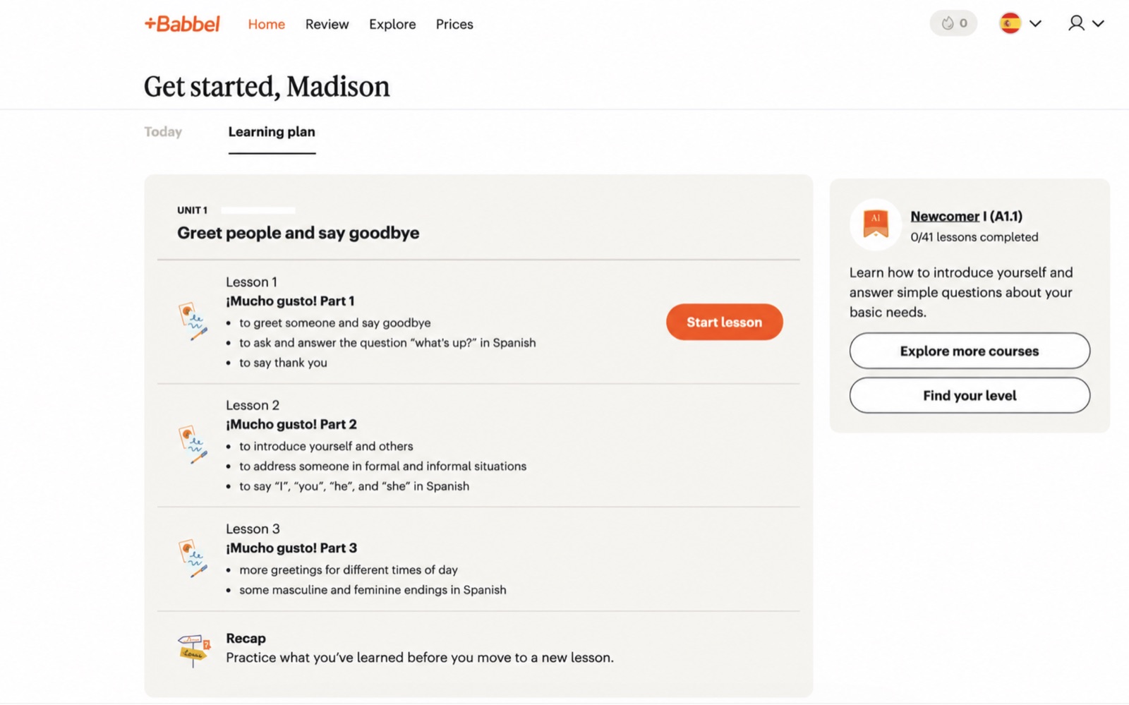 Babbel Spanish learning plan with Mucho gusto lessons and Explore more courses