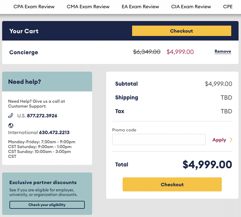 Becker checkout cart with a verified discount applied to the CPA Concierge package