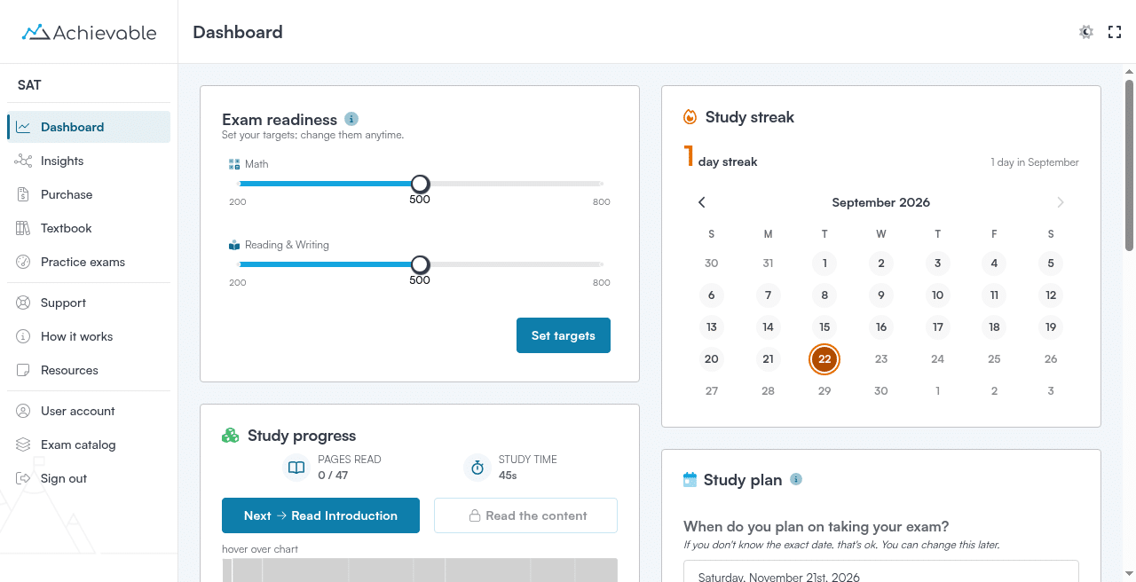 Achievable SAT dashboard with score targets and streak