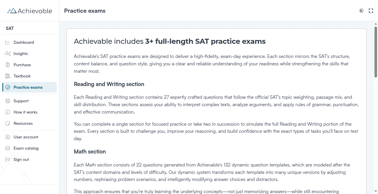 Achievable SAT practice exams overview