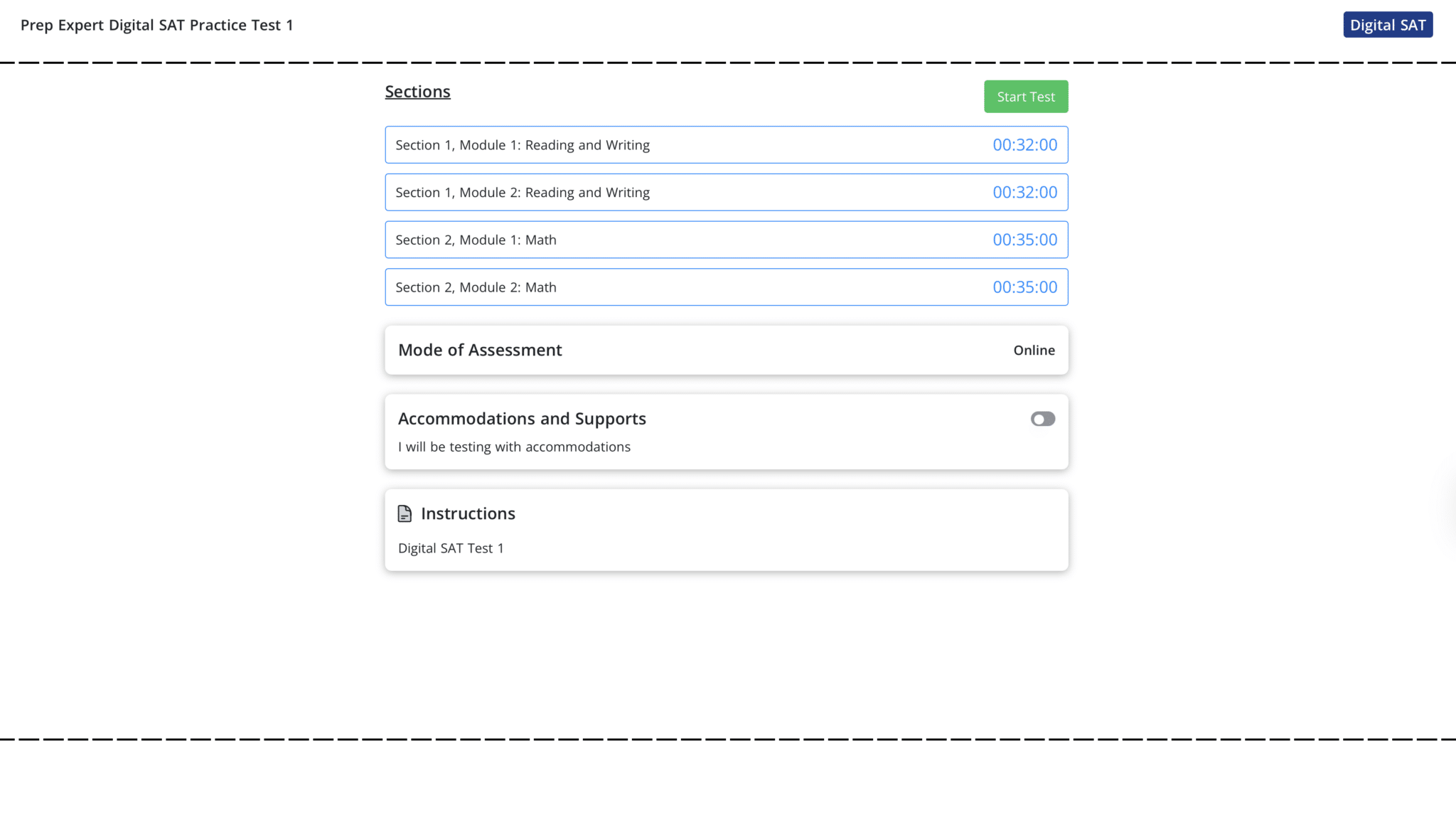 Prep Expert Digital SAT practice test start screen