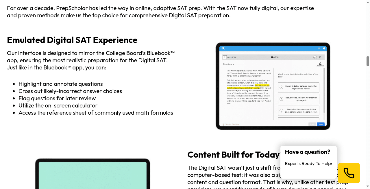 PrepScholar SAT emulated digital SAT practice interface