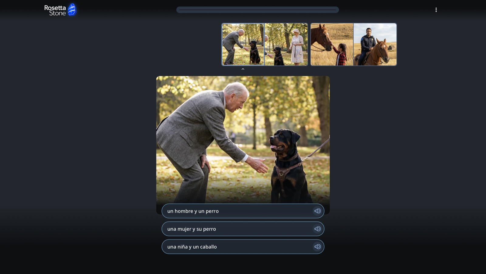 Rosetta Stone Spanish practice with a man and a dog photo and three spoken phrases
