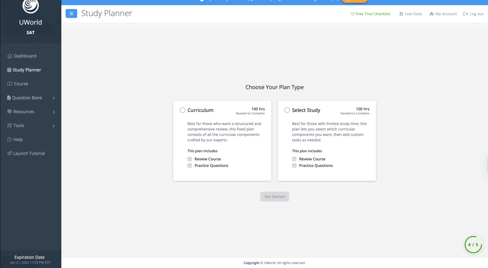 UWorld SAT study planner setup