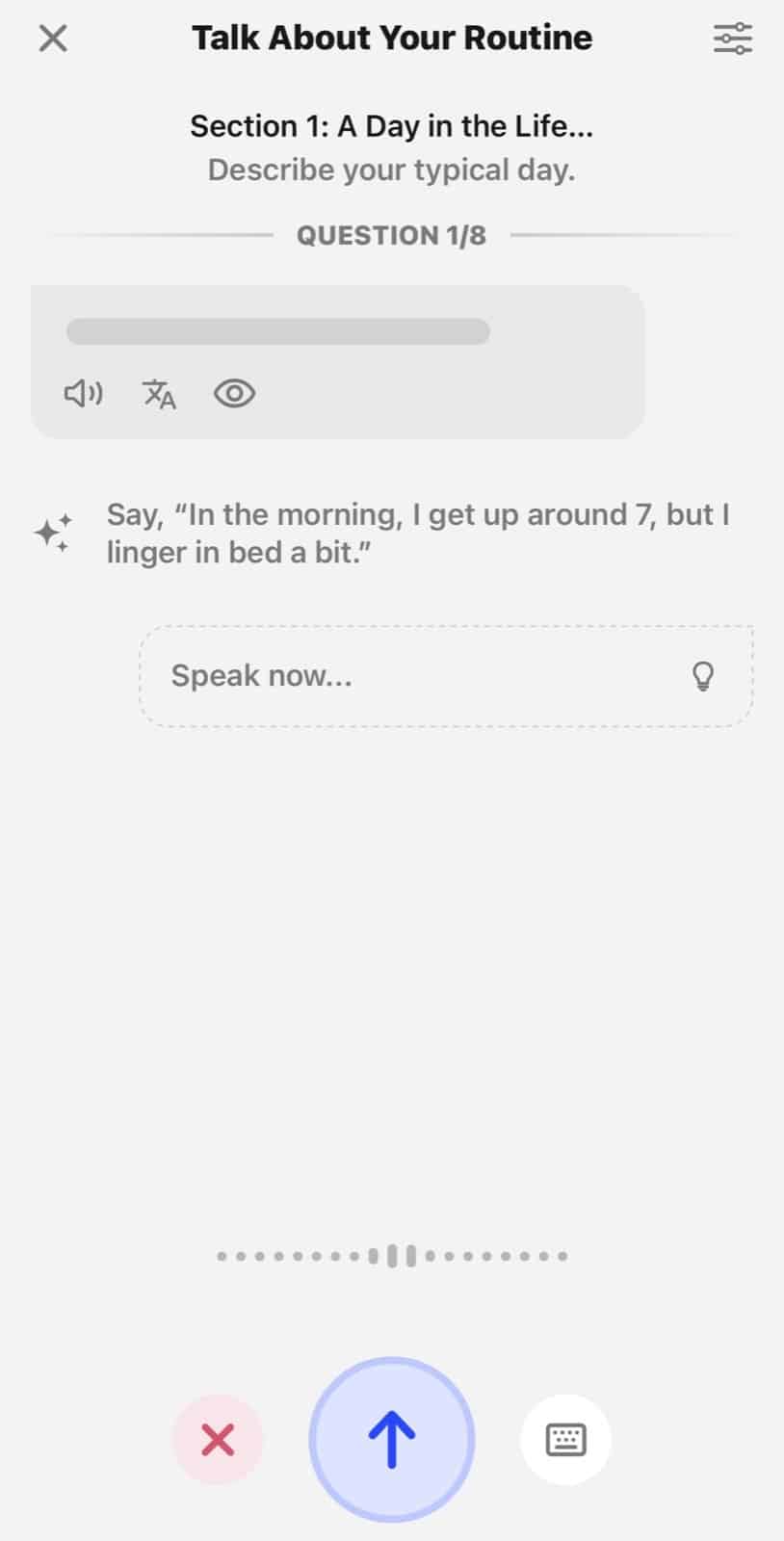 Speak Talk About Your Routine prompt with Speak now field