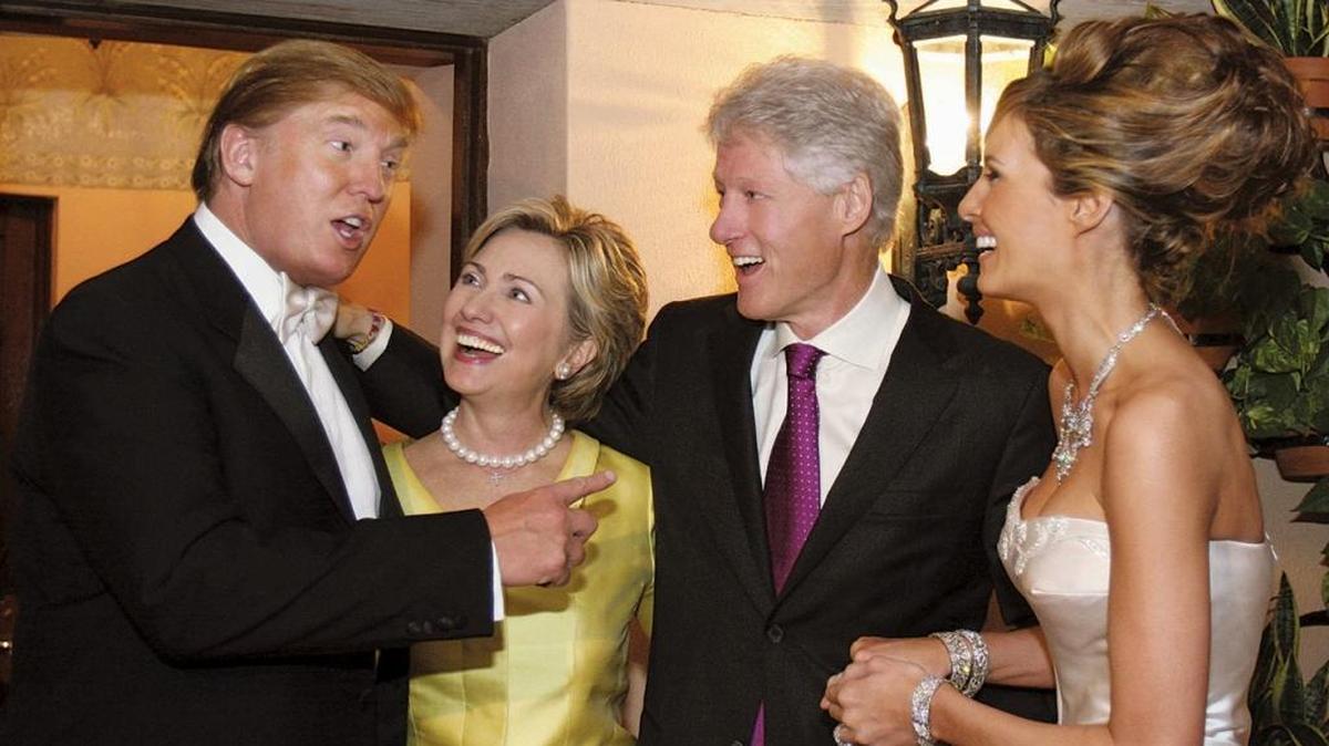 Newlyweds Donald Trump and Melania Trump with Hillary Clinton and Bill Clinton at their wedding reception, held at The Mar-a-Lago Club in Palm Beach on Jan. 22, 2005.