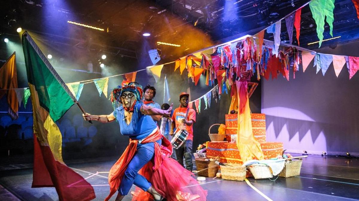 Charo Oquet (front) and members of Kriz Rara in Oquet’s “The Miami Flyers” at the Here & Now festival
