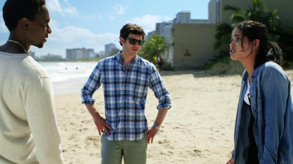 Edi Gathegi (L) as Ronald Dacey, Adam Brody (C) as Nick Talman and Otmara Marrero (R) as Izzy Morales in Crackle’s “StartUp.”