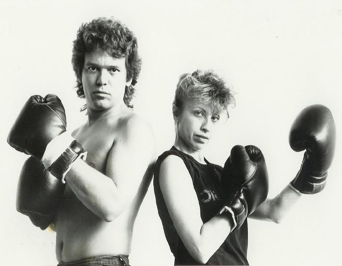 James Theobald, left, and Mary Luft in ‘A Dance for Miami, An Event in Three Rounds’ in May 1985. This was Luft’s first large dance performance with Tigertail Productions.
