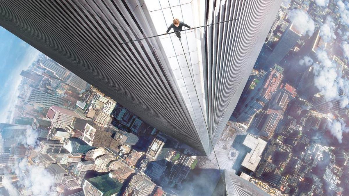 
Philippe Petit (Joseph Gordon-Levitt) steps out onto the wire in ‘The Walk.’
