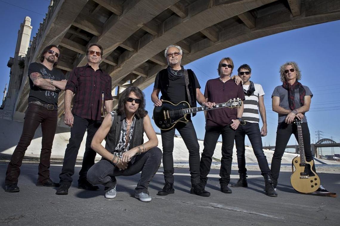 The 2013 lineup of Foreigner includes sole original member Mick Jones (center) and lead singer Kelly Hansen (kneeling). Members in this lineup will perform the Foreigner 40th anniversary concert Aug. 1, 2017 at Perfect Vodka Amphitheater in West Palm Beach.