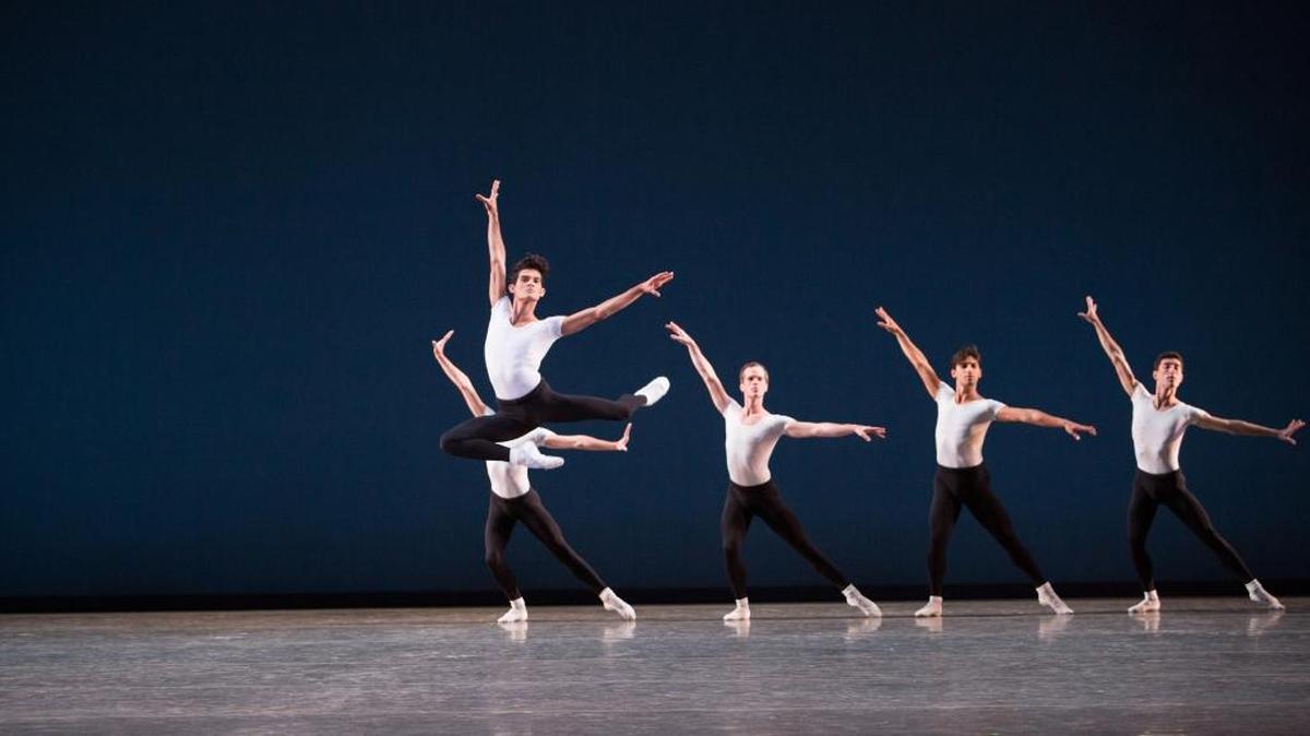 Renan Cerdeiro and Miami City Ballet dancers in “Symphony in Three Movements” at Lincoln Center
