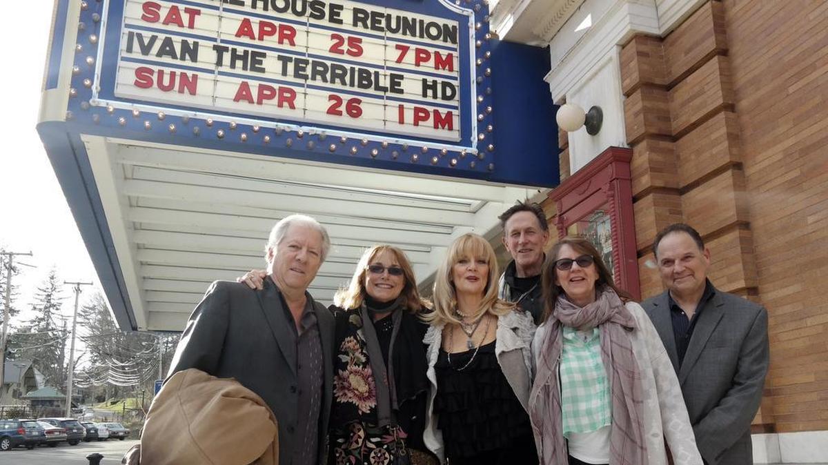 In this April 25, 2015, file photo, Peter Riegert (Boon), Karen Allen (Katy), Martha Smith (Babs), Mark Metcalf (Niedermeyer), Judy Belushi, widow of John Belushi (Blutarsky), and Stephen Furst (Flounder) gather in front of the Mahaiwe at an "Animal House" reunion in Great Barrington, Mass. Furst's family says the "Animal House" actor has died. Nathan Furst said Saturday, June 17, 2017, that his father died of complications from diabetes. Stephen Furst was 63. He died Friday at his home in Moorpark, Calif., north of Los Angeles.