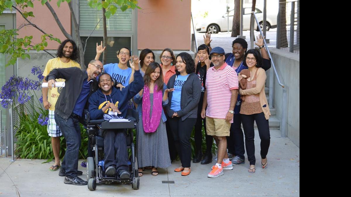 
Writer Junot Díaz (front row left) clowns around with writers from a VONA workshop at Berkeley.
