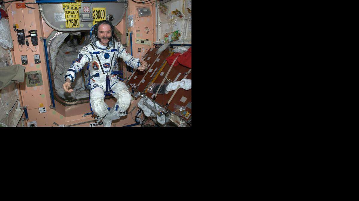 
Col. Chris Hadfield in his Sokhol pressure suit, ready to return to Earth in the Soyuz campsule after five months on the International Space Station.
